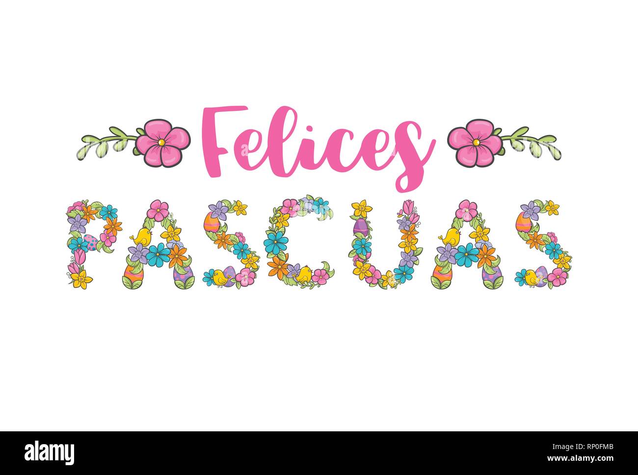 Felices pascuas, spanish easter greeting flower card. Christian church festival ornament. Stock Vector