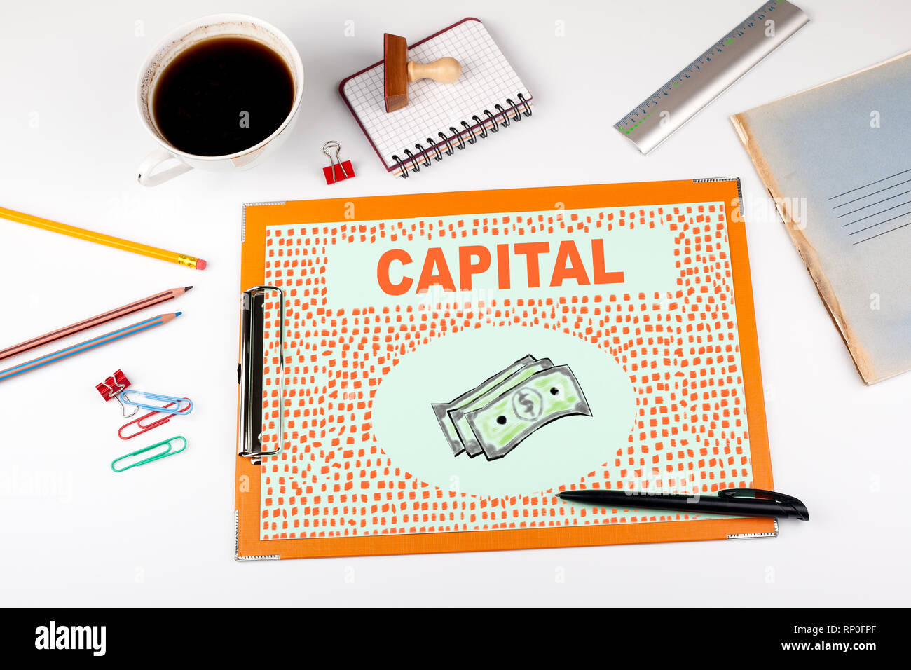 Capital Concept. Office desk with stationery Stock Photo Alamy