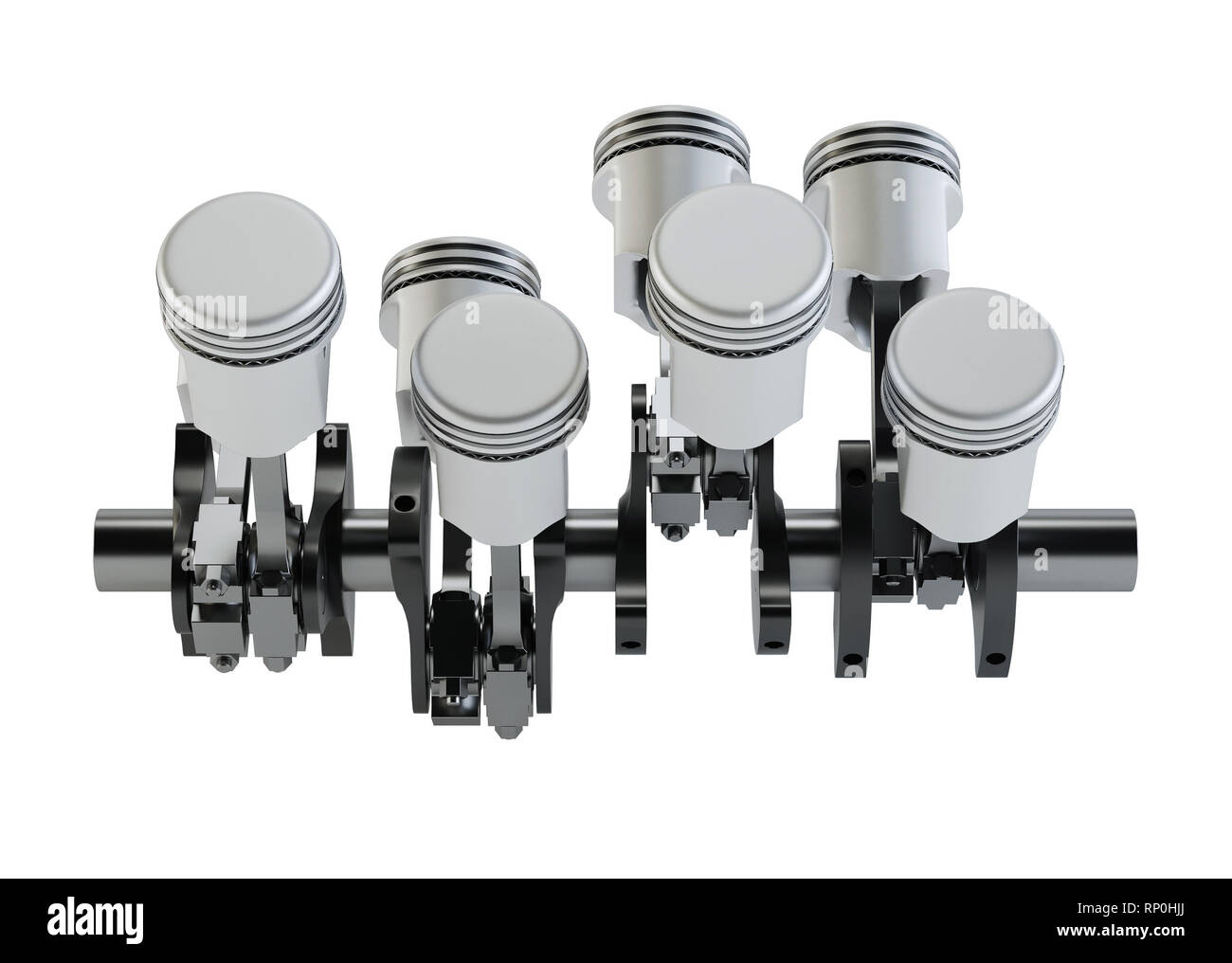 Pistons and crankshaft on a white background. The V8 engine. 3D