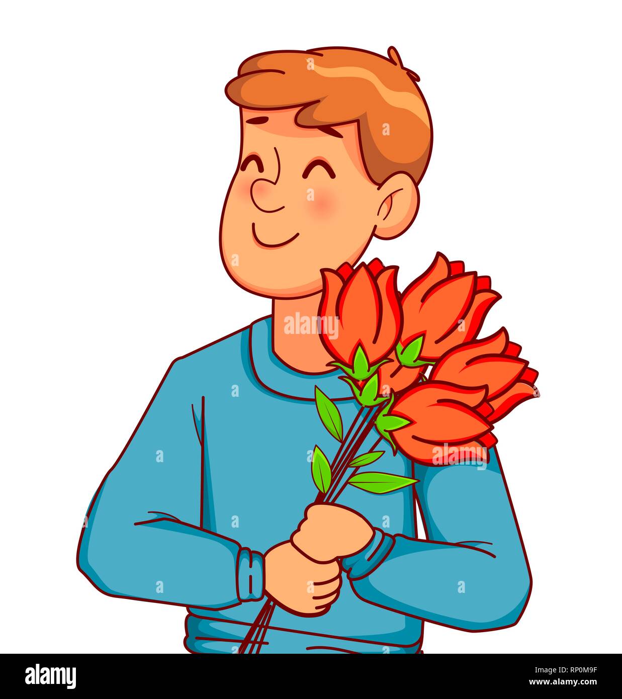 International Women's Day. Funny man cartoon characters with a bouquet of tulips. Usable for flyer, poster, invitation and other. Vector illustration  Stock Vector