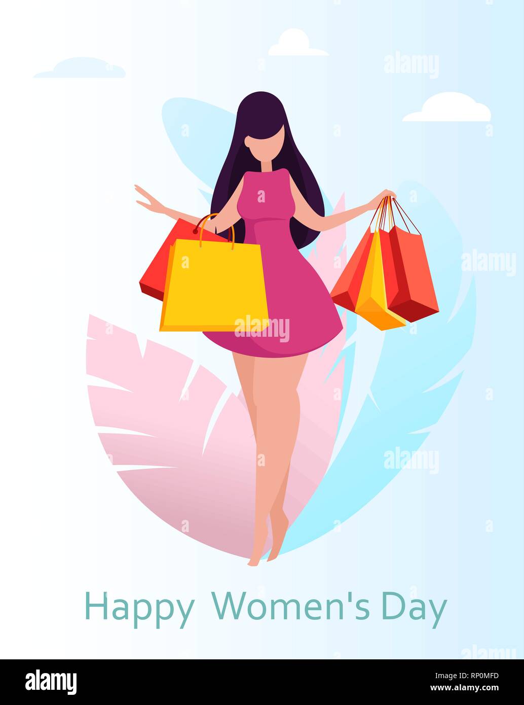 International Women's Day greeting card with cute lady holding shopping  bags. Funny woman cartoon character for flyer, poster, invitation and  other. V Stock Vector Image & Art - Alamy