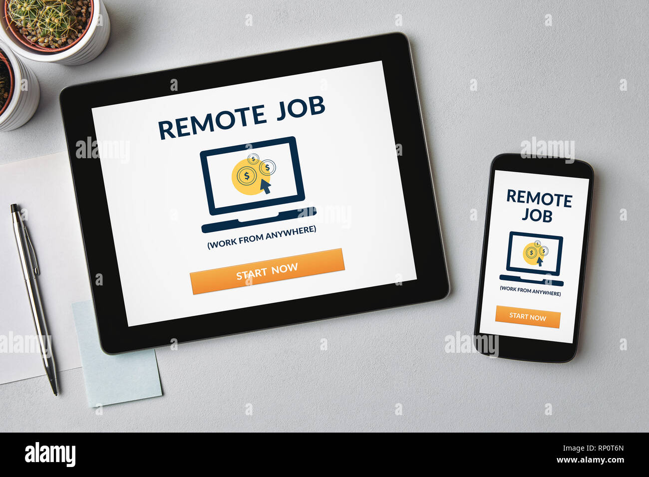 Remote job concept on tablet and smartphone screen over gray table. All screen content is designed by me. Flat lay Stock Photo