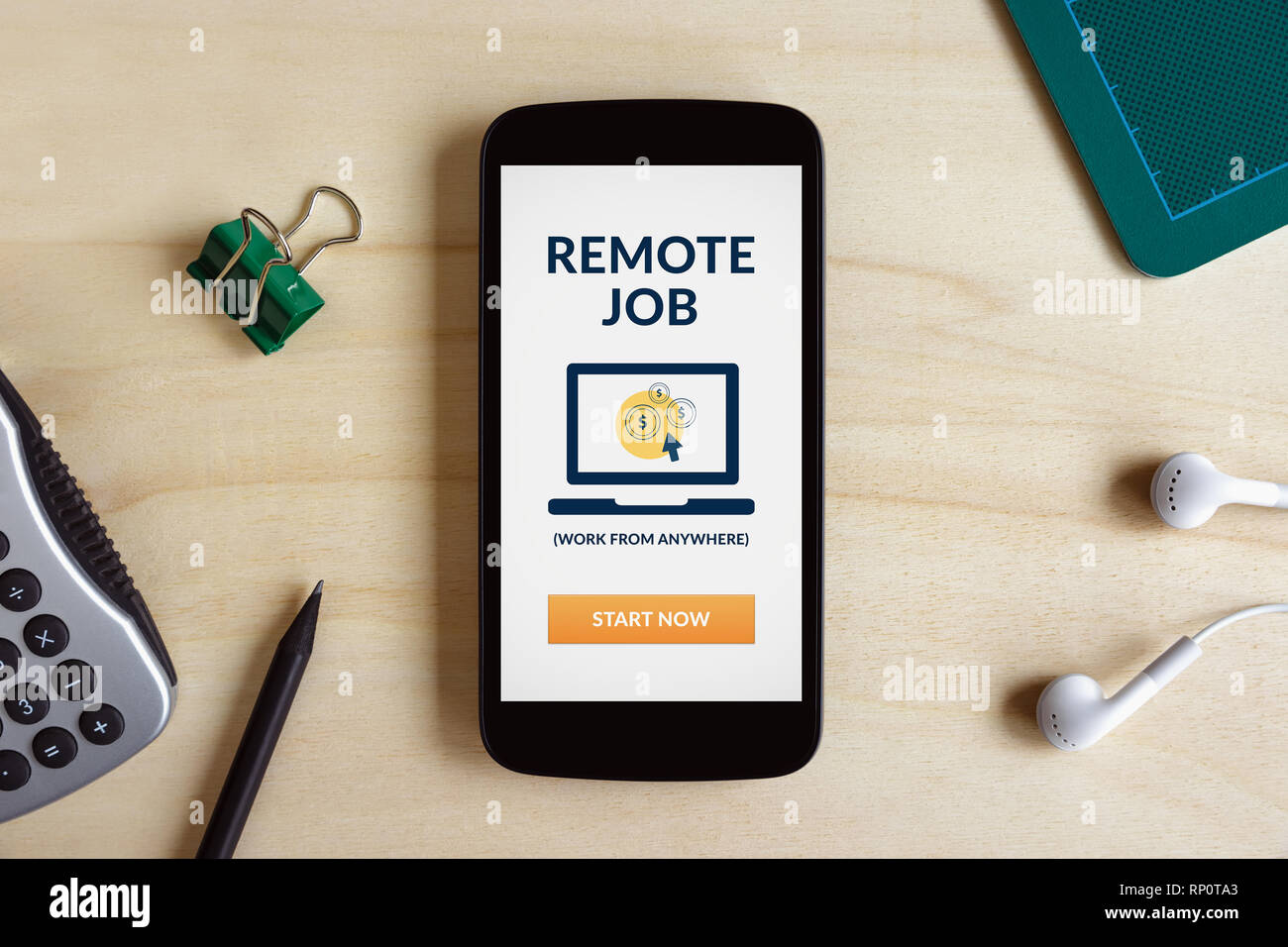Remote job concept on smart phone screen on wooden desk. All screen content is designed by me. Flat lay Stock Photo