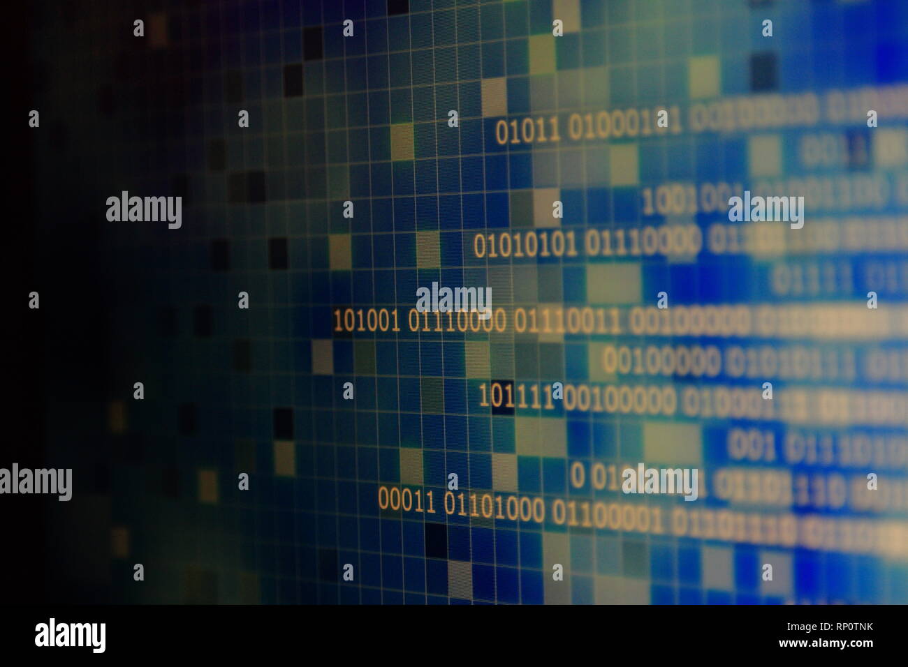 white light binary data on gradient blue abstract background with block shape pixel layer. cloud data transfer and digital connection concepts. Stock Photo
