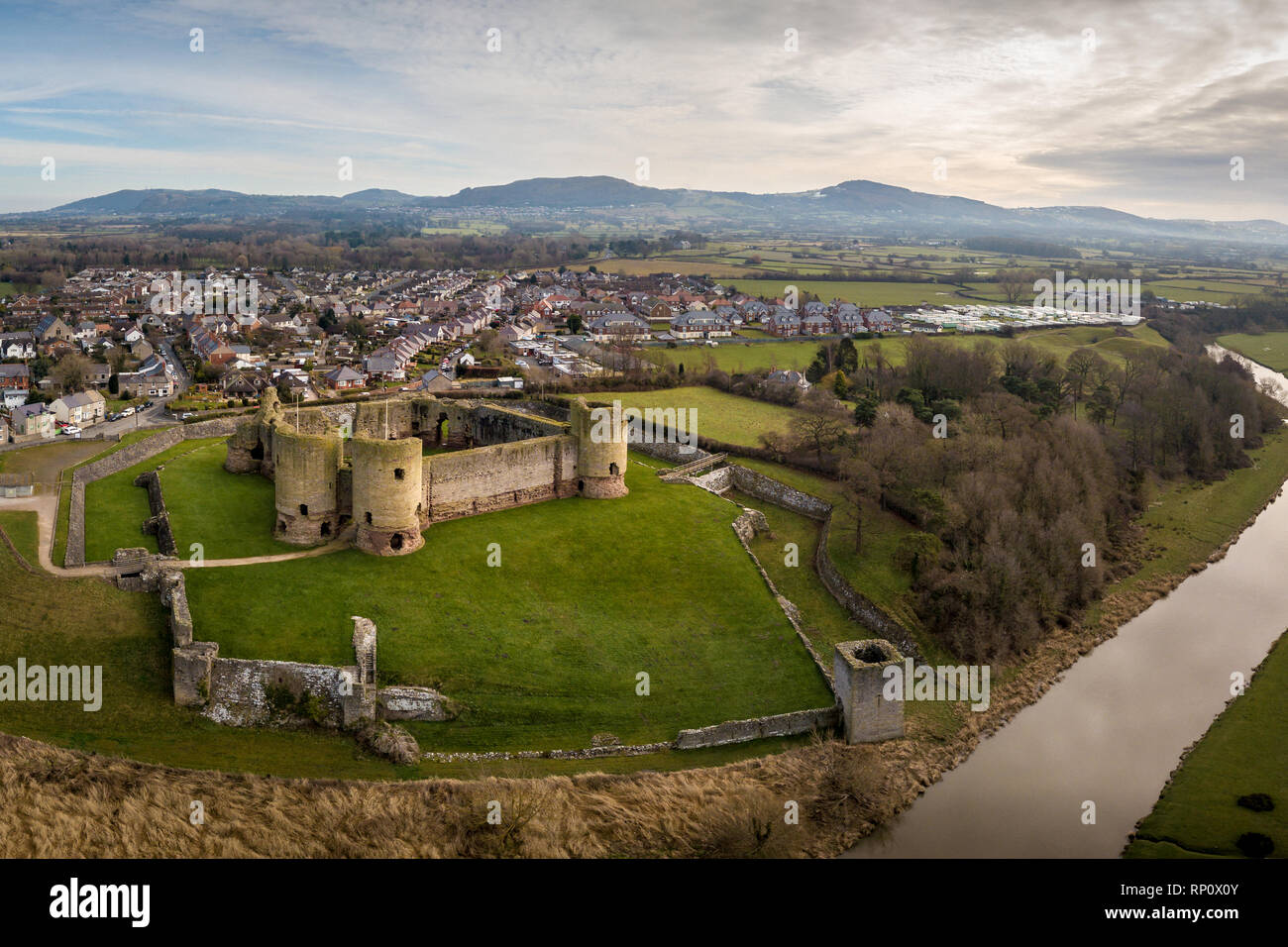 Aerial view of Rhuddlan Castle ruin from across the River Clwyd with