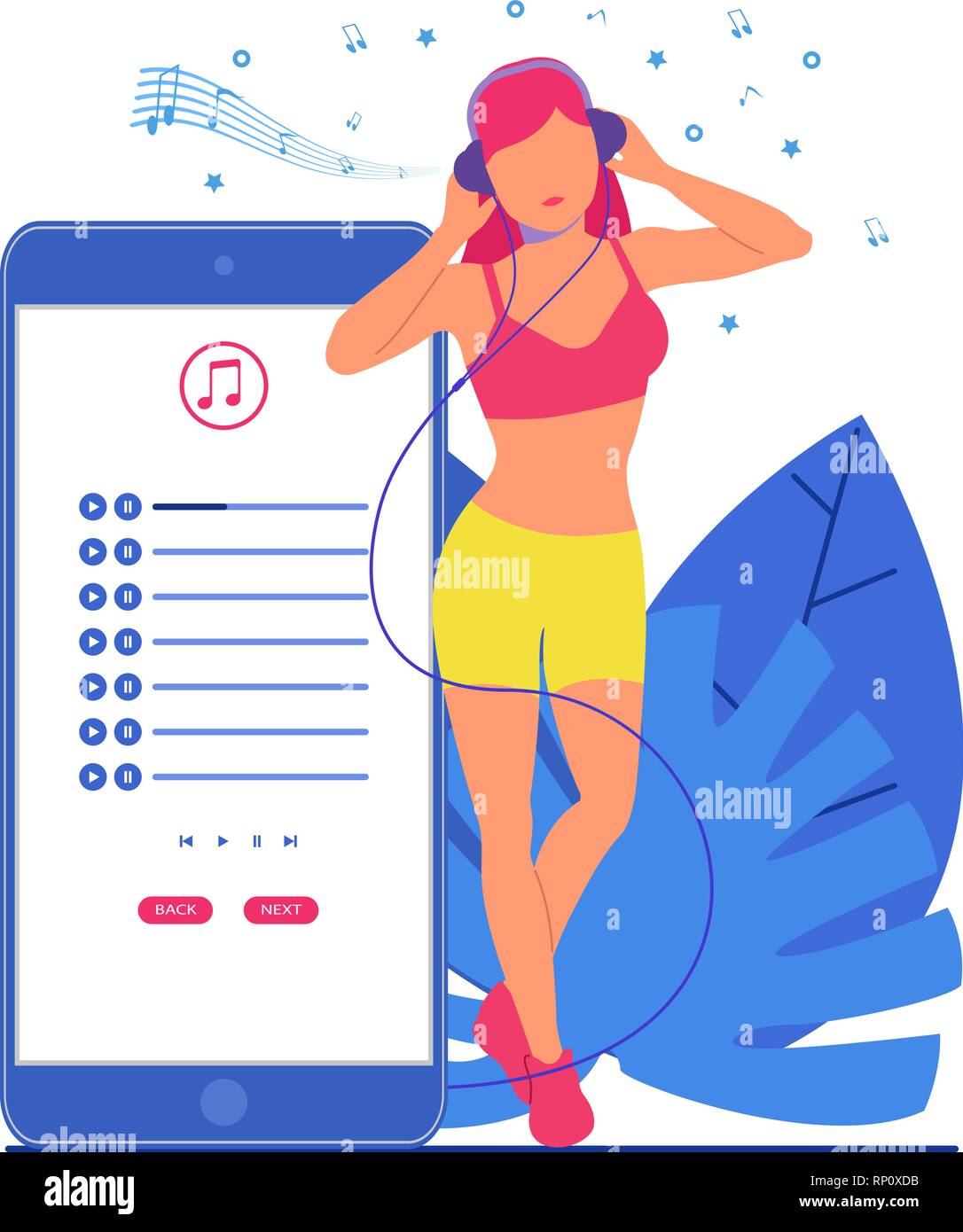 Girl listens music in headphones next to the phone Stock Vector