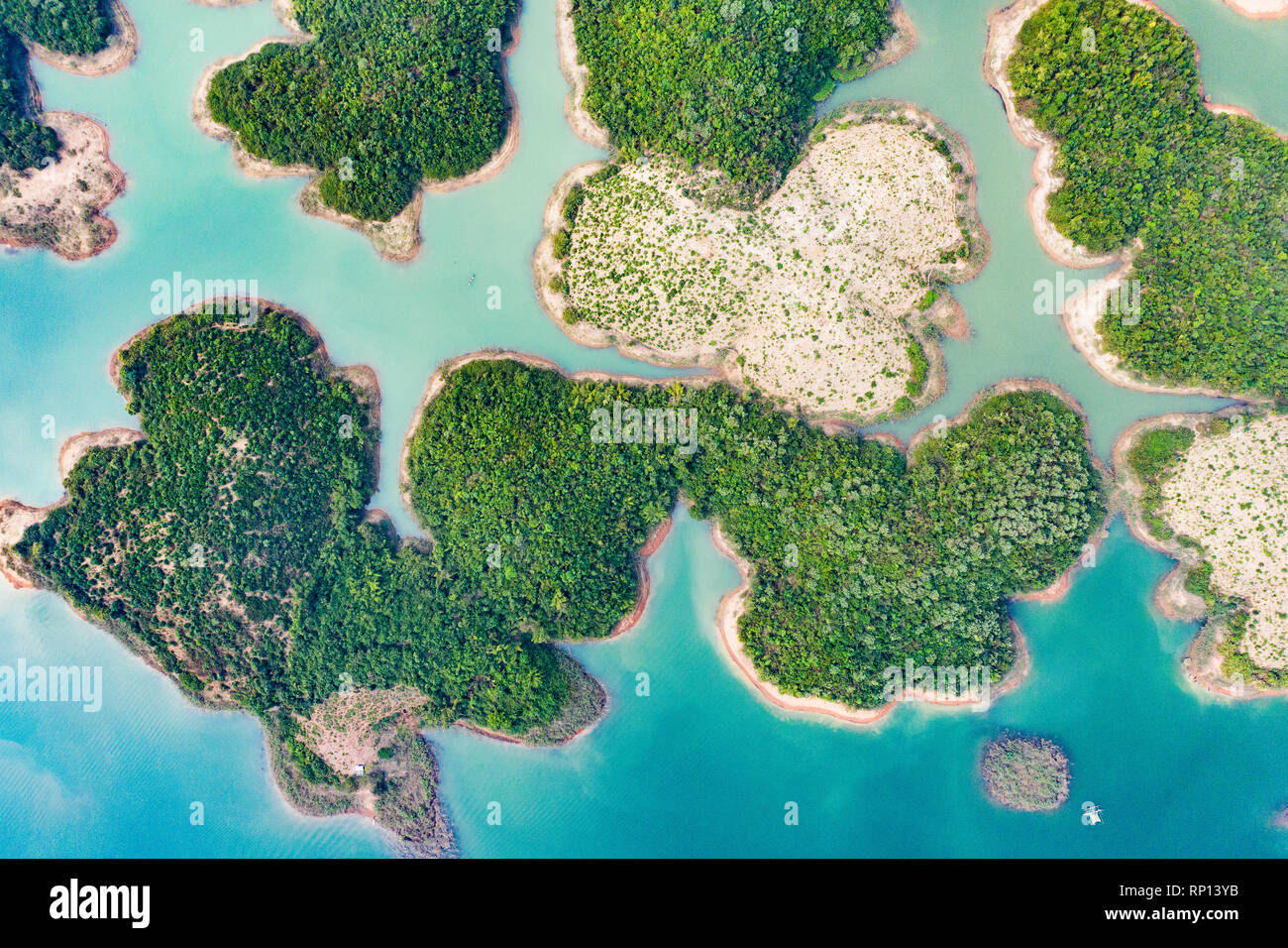 (View from above) Stunning aerial view of a beautiful group of island in Nam Ngum Reservoir in Thalat located in northern Laos. Stock Photo