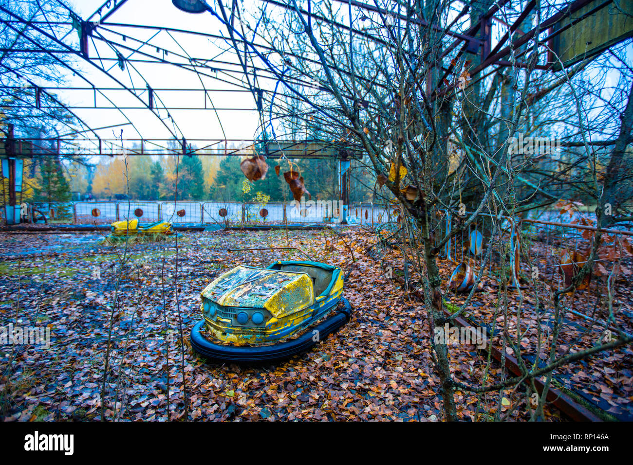 Bumper cars in the evacuated town Pripyat inside the exclusion zone, Chernobyl, Ukraine Stock Photo