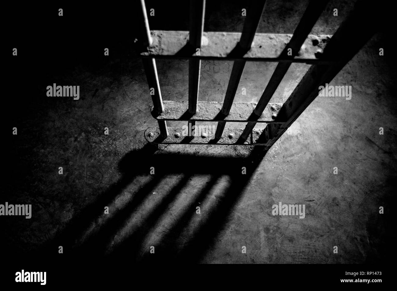 Light throws sharp shadows through the bars onto the concrete floor of an abandoned prison. Stock Photo