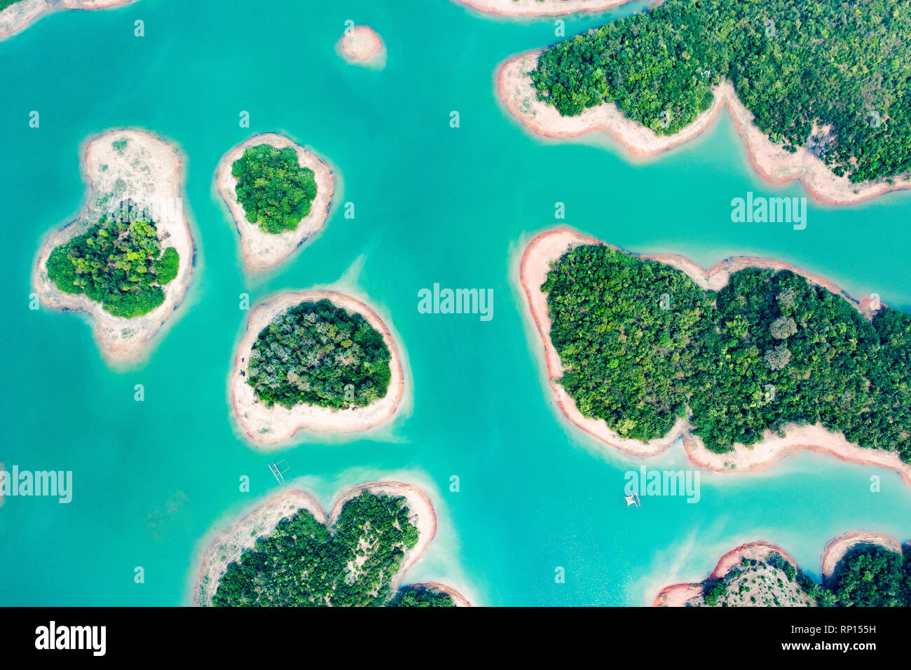 (View from above) Stunning aerial view of a beautiful group of island in Nam Ngum Reservoir in Thalat located in northern Laos. Stock Photo