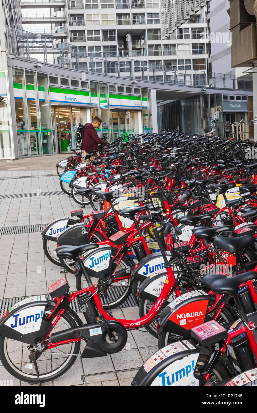 Japan, Honshu, Tokyo, Toyosu, Rental Bicycles Parking Station Stock Photo