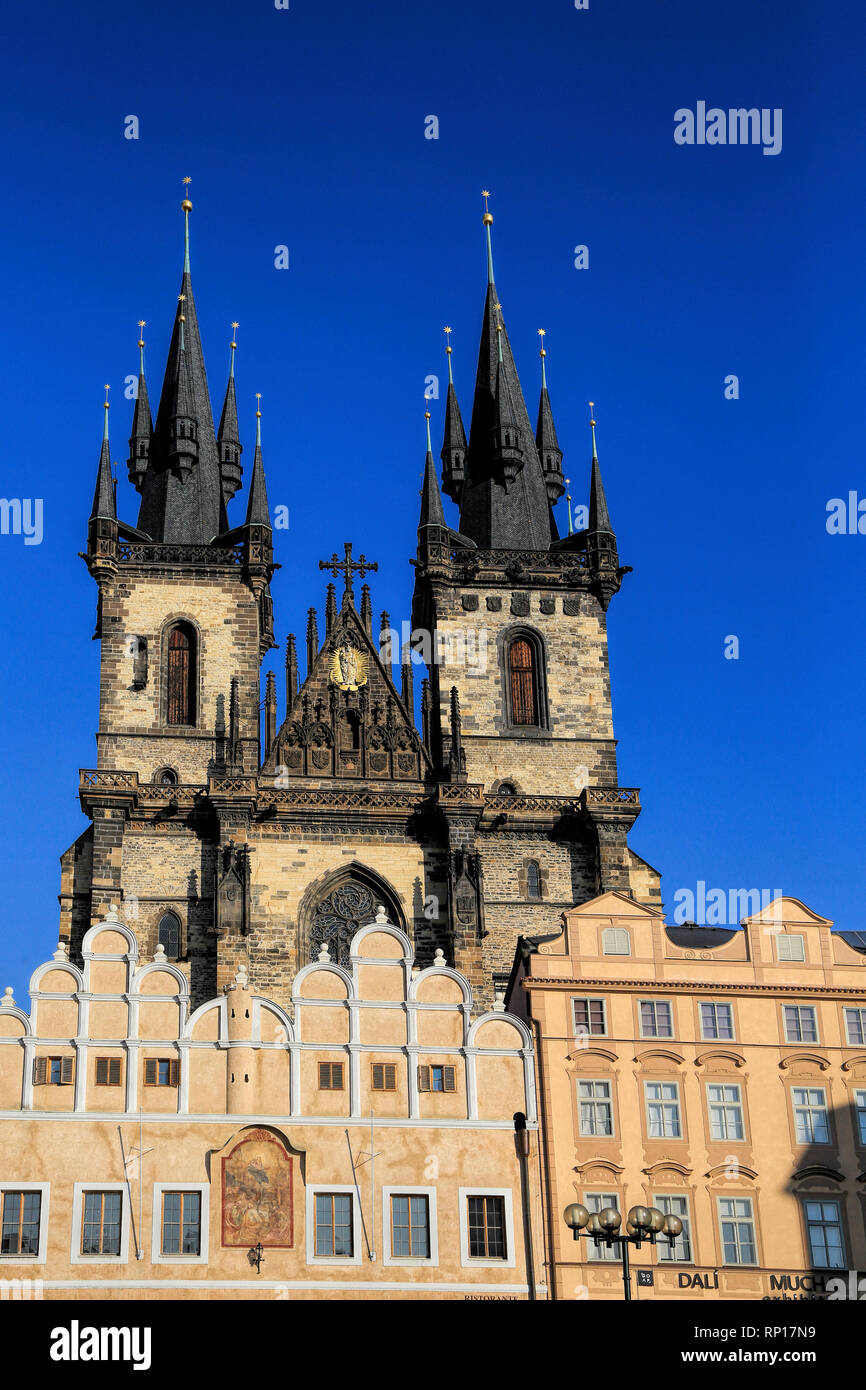 A view of Prague's old town square of winter with a beautiful blue sky in the background. Stock Photo