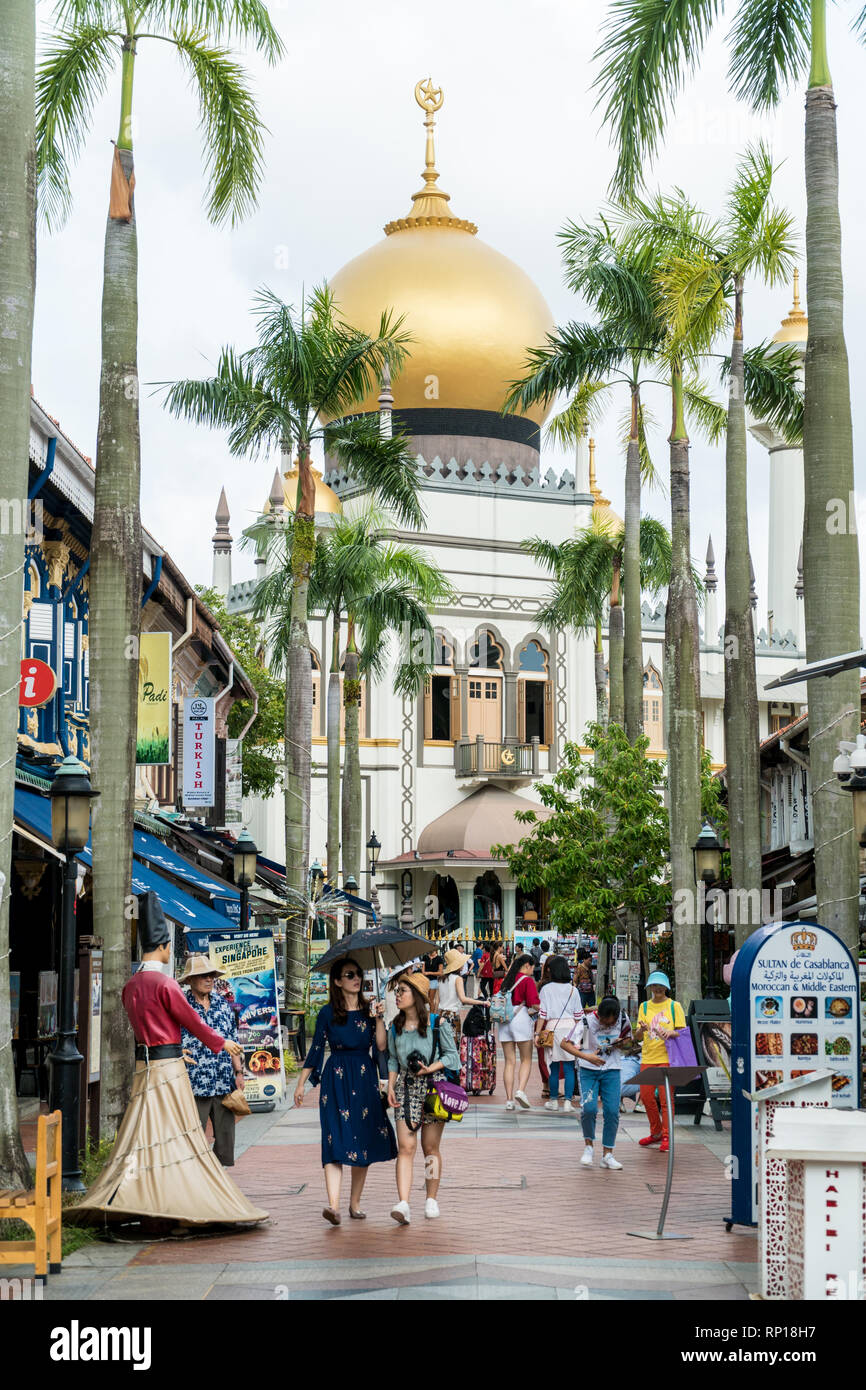 SINGAPORE - January 21, 2019 : View along Bussorah Street to the Masjid Sultan mosque, centre of islamic culture   in Kampong Glam district, Singapore Stock Photo