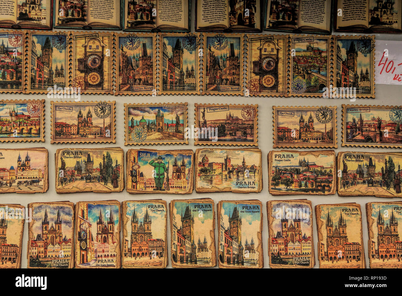 A view of Prague’s souvenir shop. Various magnets. Stock Photo