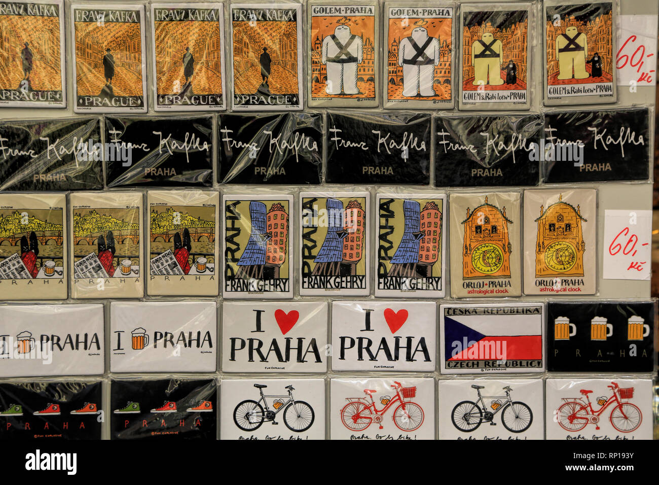 A view of Prague's souvenir shop. Various magnets. Stock Photo