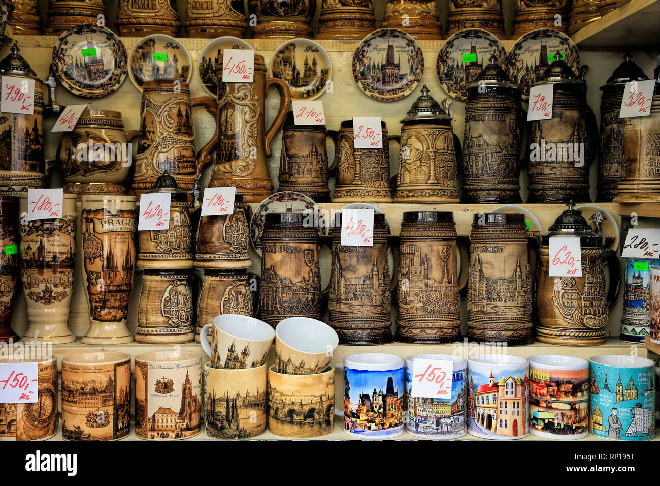 A view of Prague’s souvenir shop. Various mugs. Stock Photo