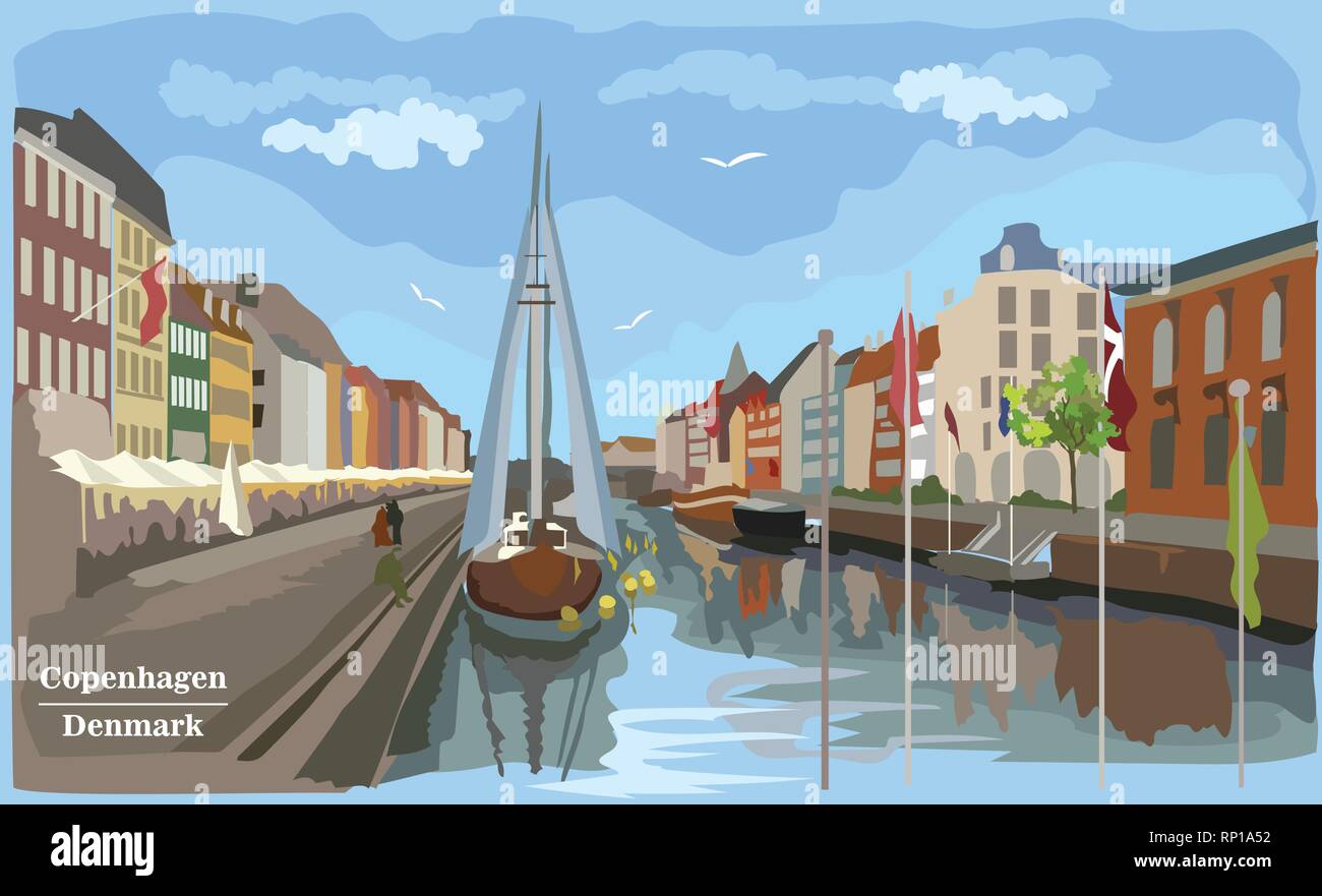 Cityscape pier in Copenhagen, Denmark. International landmark of Denmark. Colorful vector illustration. Stock Vector