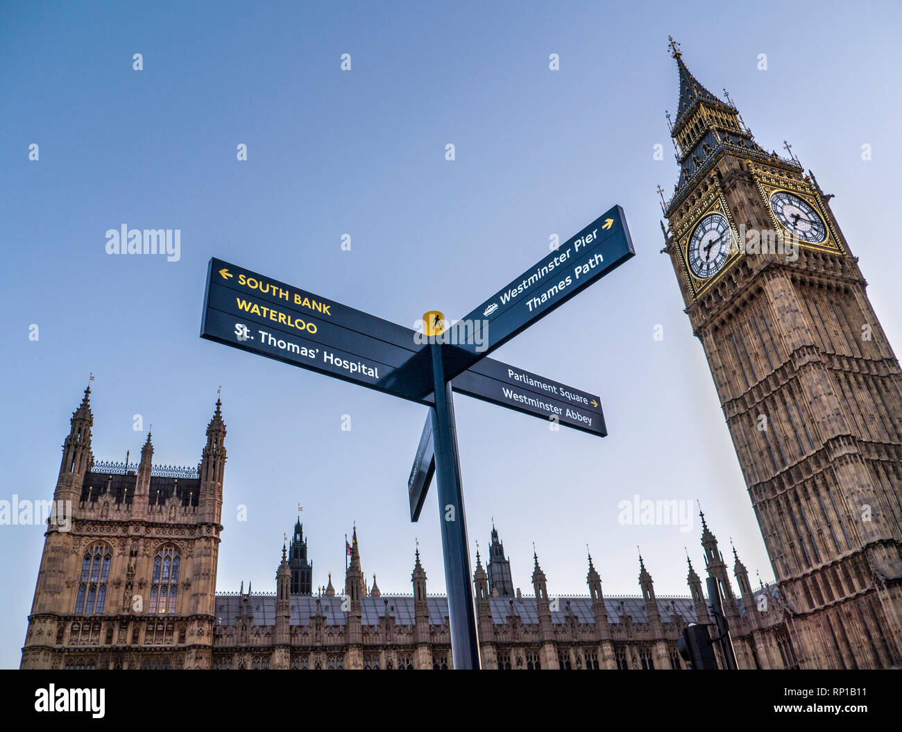 Tourist Sign Outside Houses of Parliament Westminster directing visitors to popular London points of interest such as South Bank, Waterloo, Westminster Abbey etc, Big Ben Clock Tower and Parliament building behind London UK Stock Photo