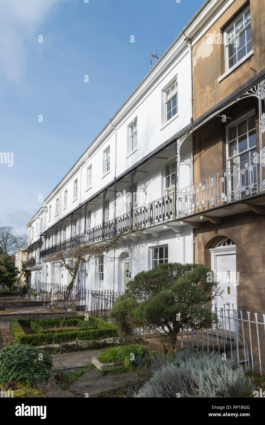 Row of smart white Regency villas or houses in Binswood Avenue