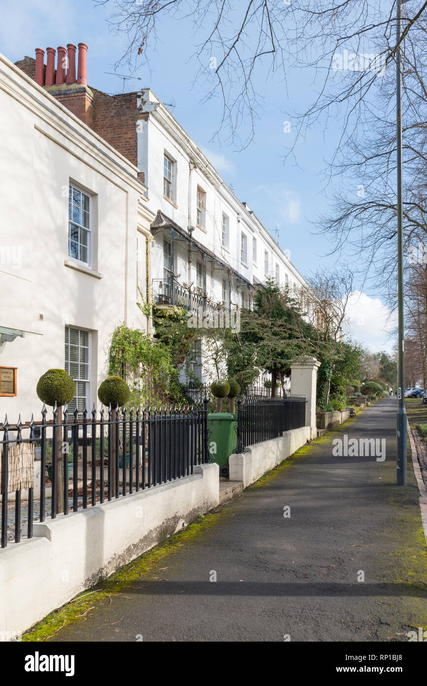 Row of smart white Regency villas or houses in Binswood Avenue