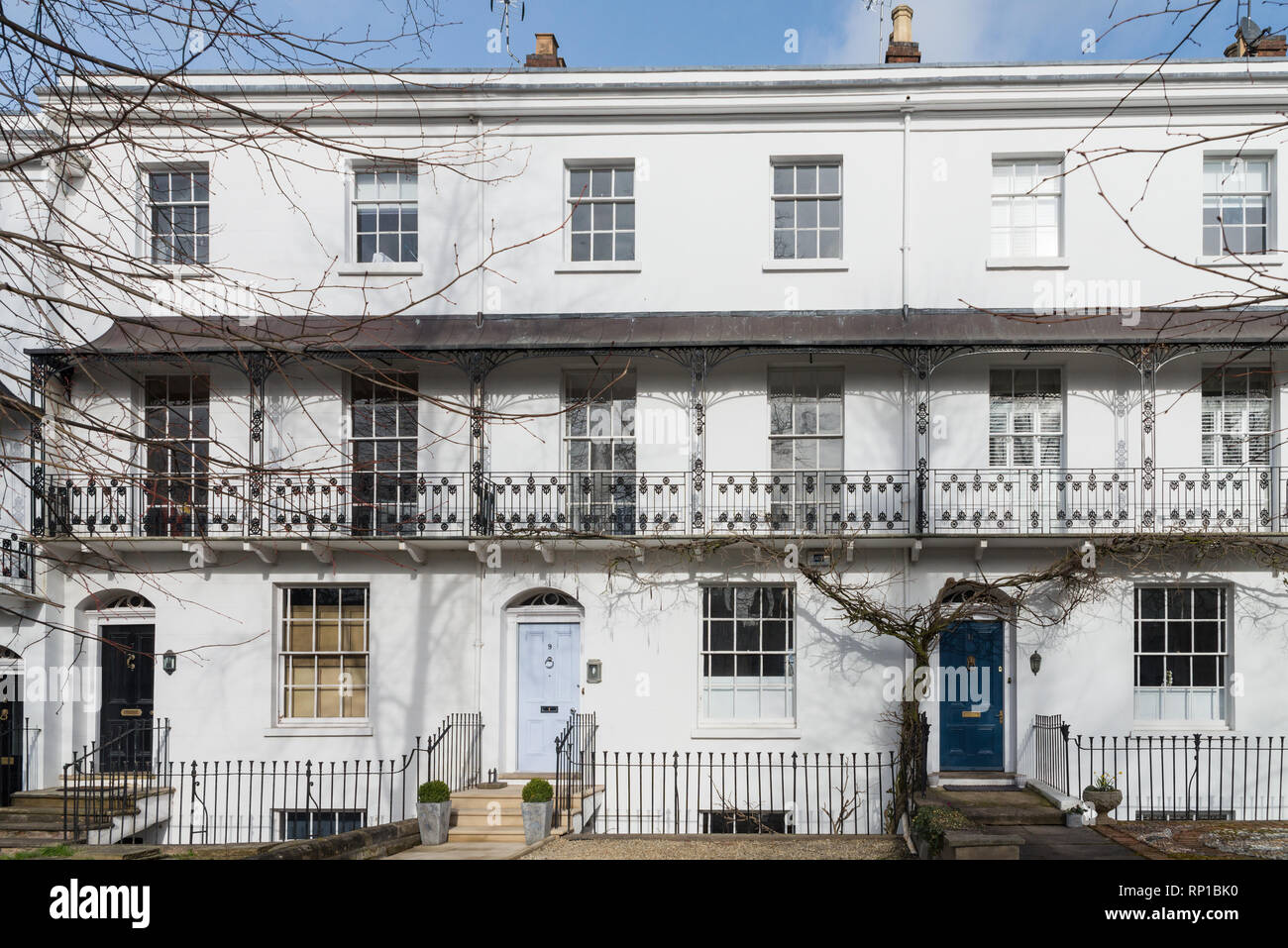 Row of smart white Regency villas or houses in Binswood Avenue