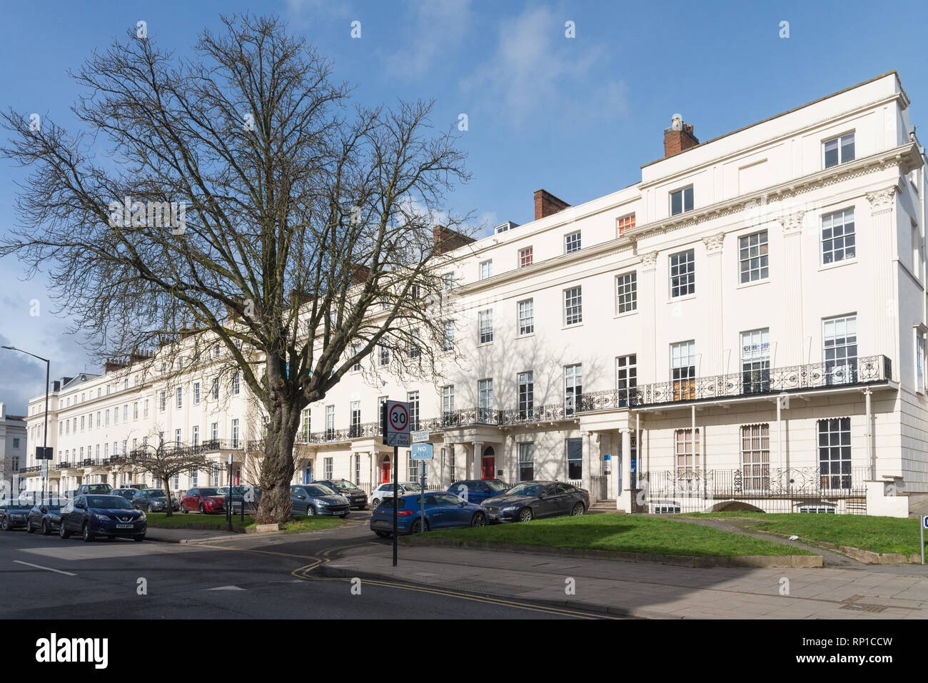 Offices housed in a row of smart white regency buildings in Waterloo Place, Leamington Spa, Warwickshire Stock Photo