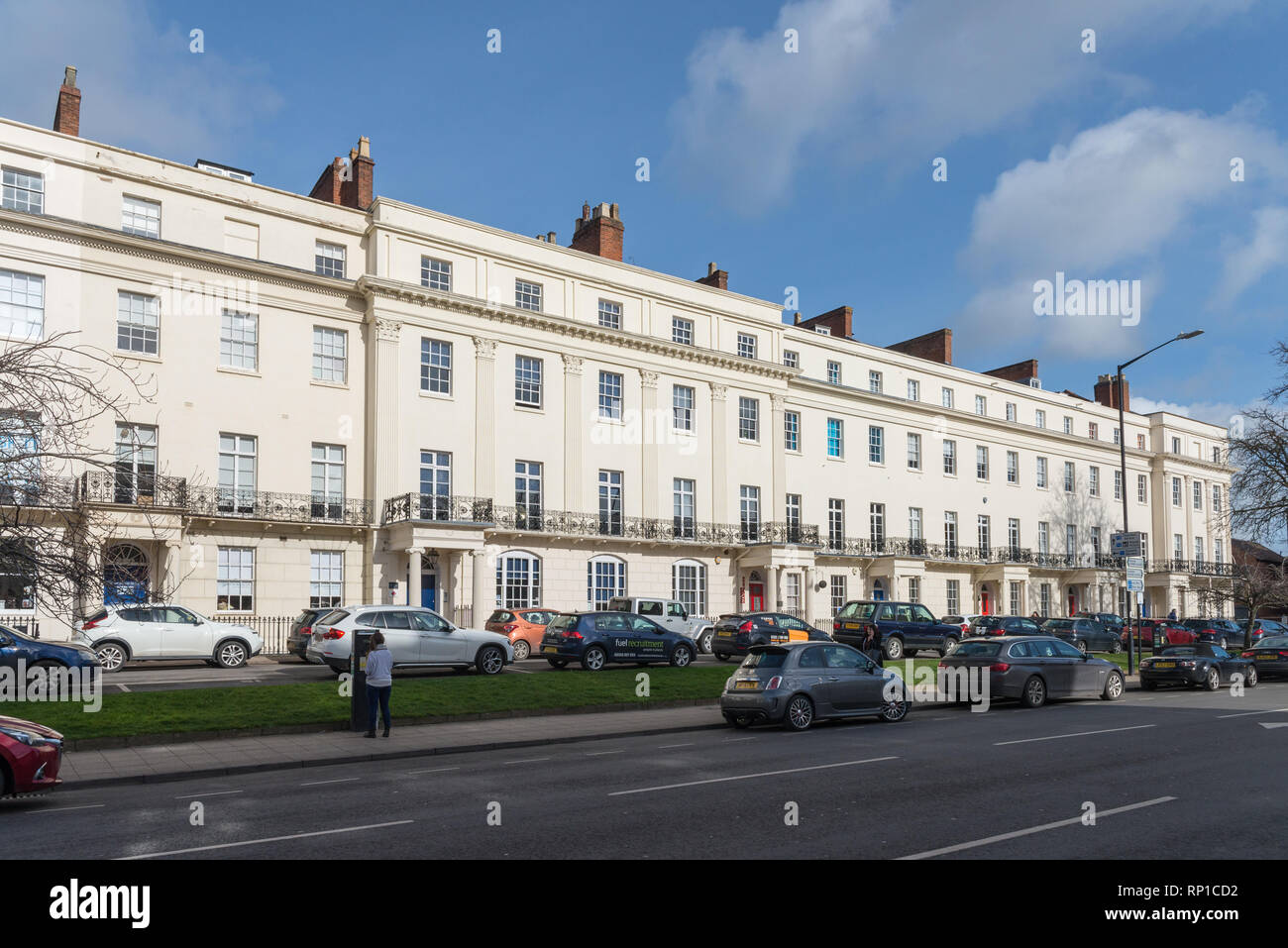 Offices housed in a row of smart white regency buildings in Waterloo Place, Leamington Spa, Warwickshire Stock Photo