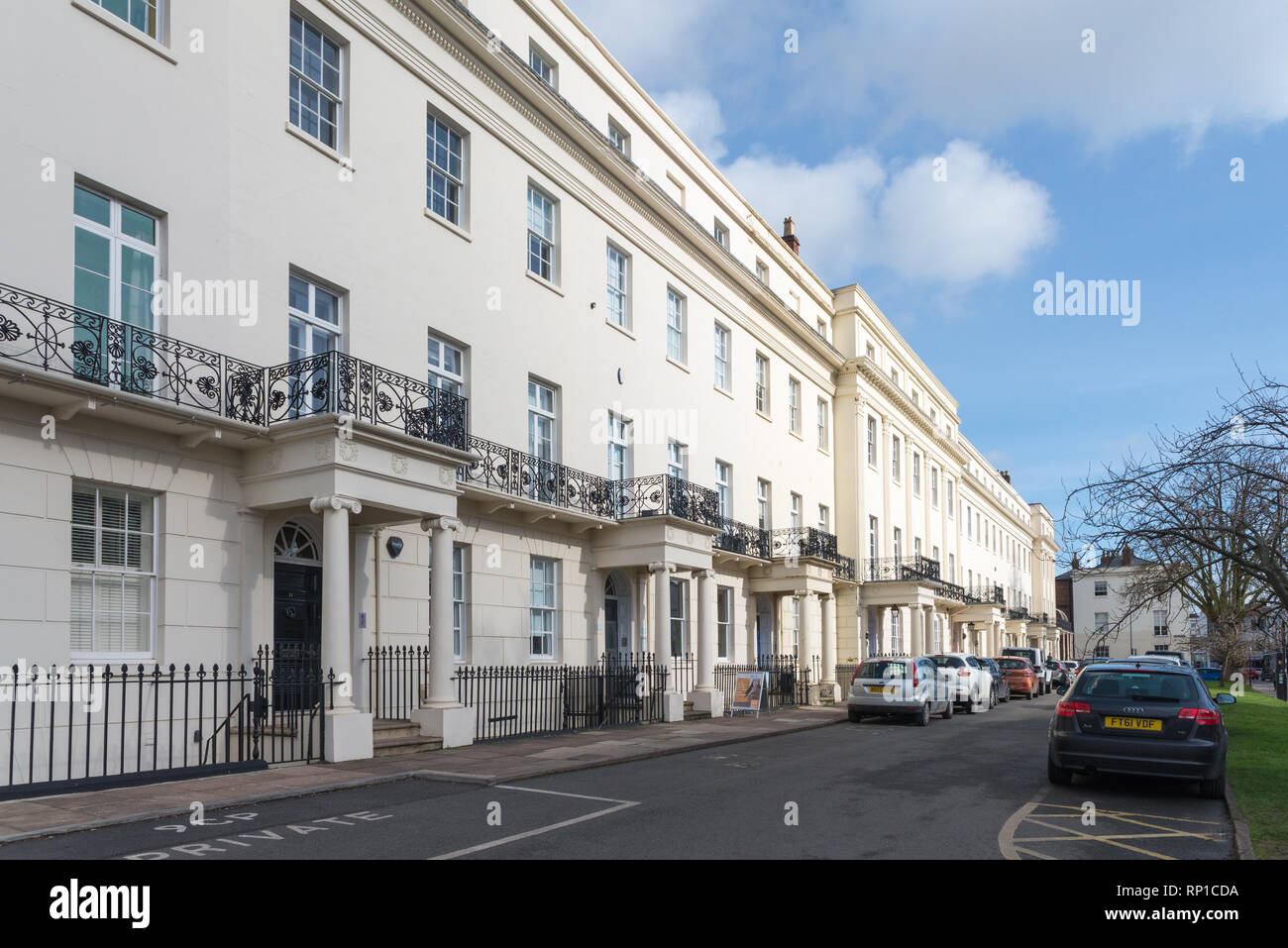 Offices housed in a row of smart white regency buildings in Waterloo Place, Leamington Spa, Warwickshire Stock Photo