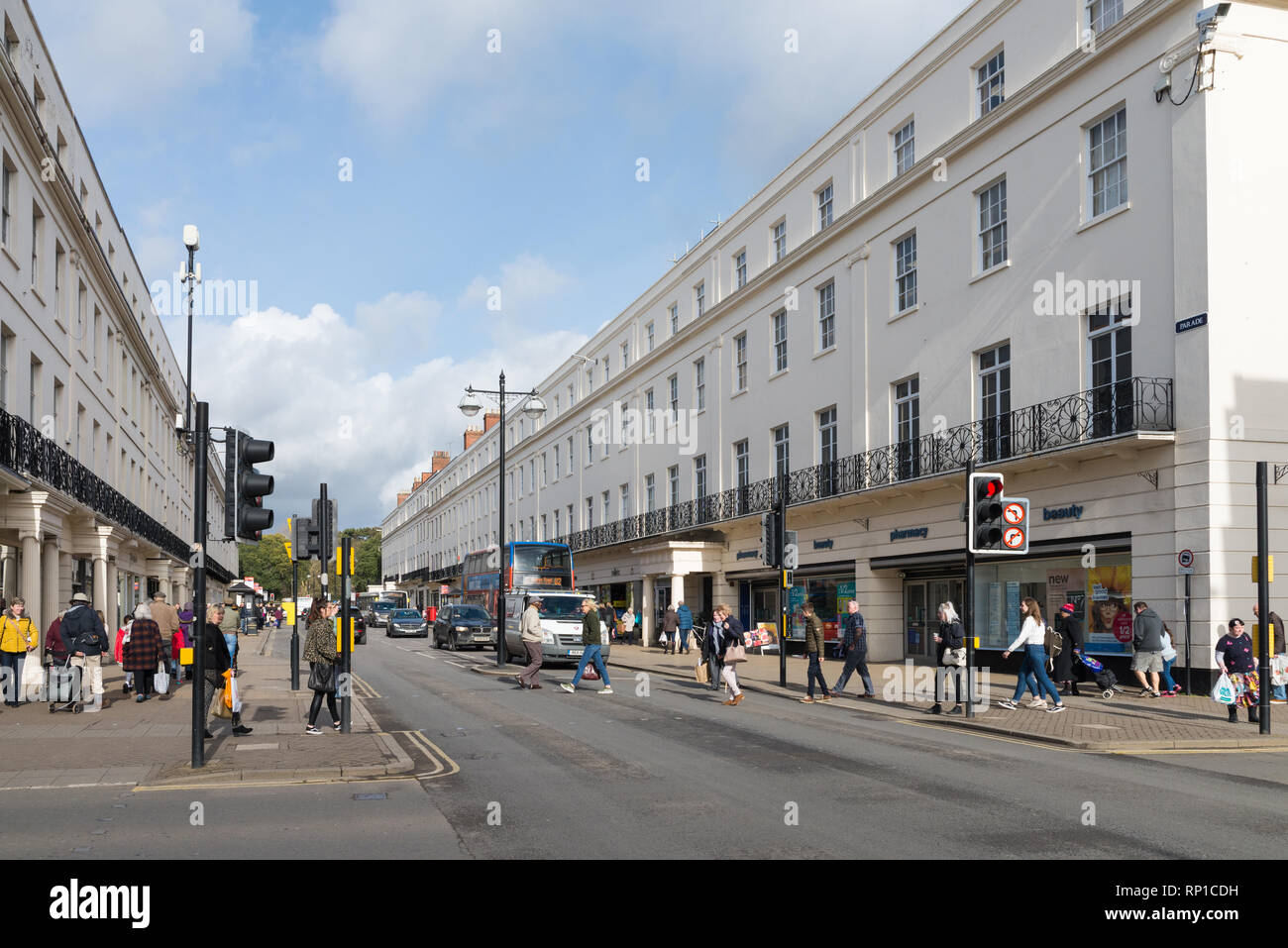 Shops in the Parade in the centre of Leamington Spa, Warwickshire Stock Photo