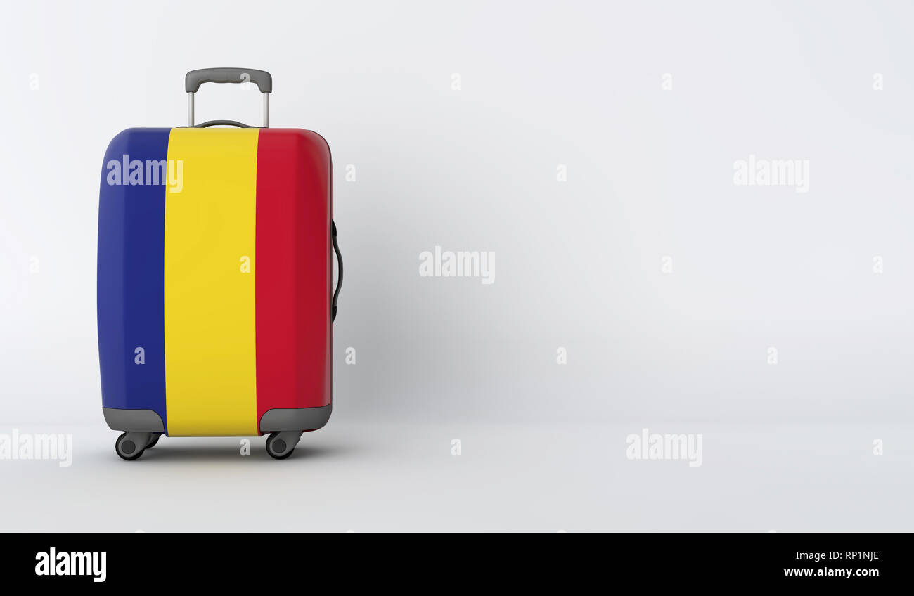 Travel suitcase with the flag of Romania. Holiday destination. 3D ...