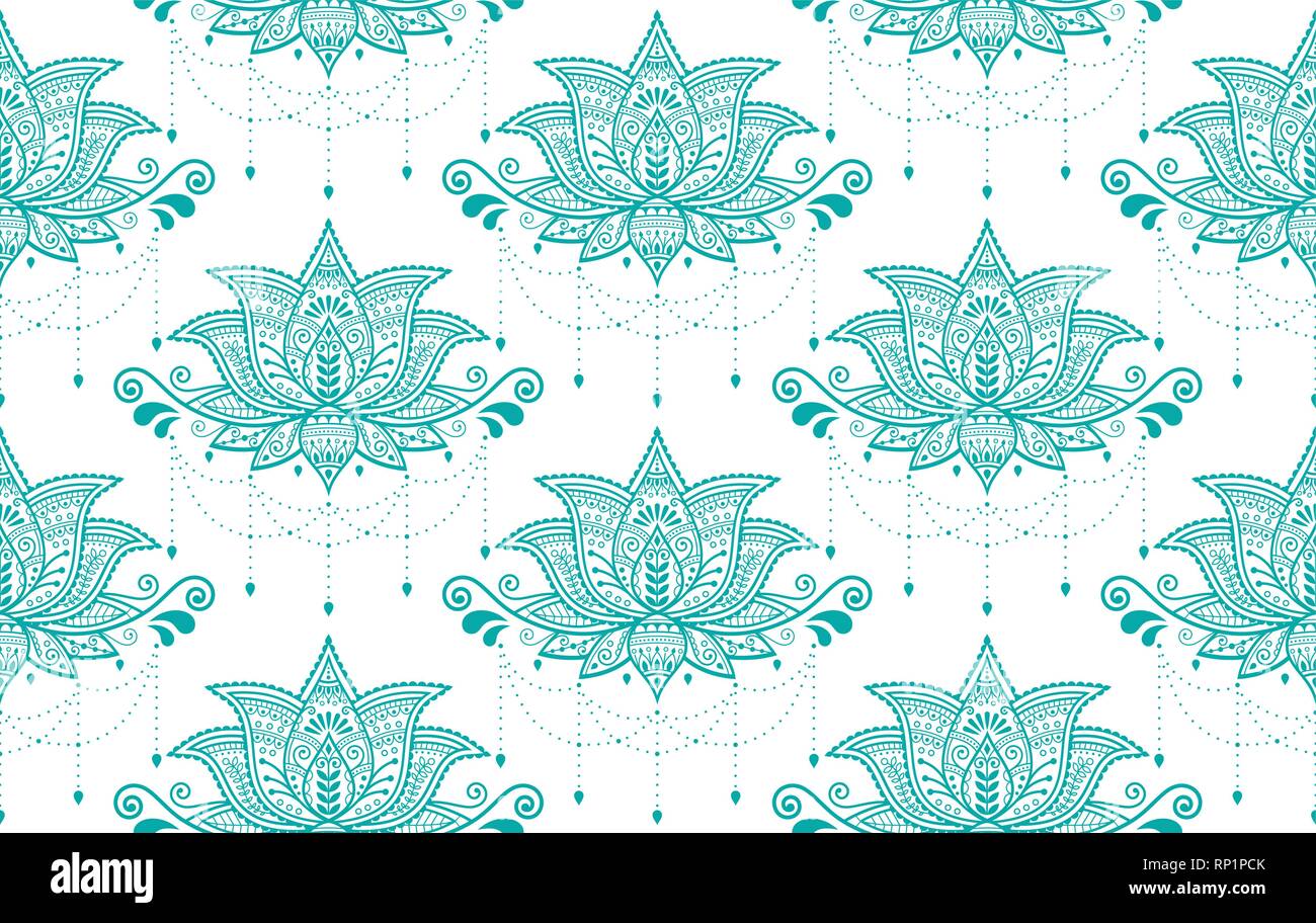 Indian Lotus flower vector seamless pattern, Mehndi henna tattoo style, Yoga or zen decoration, bohemian textile in turquoise on white background. Stock Vector