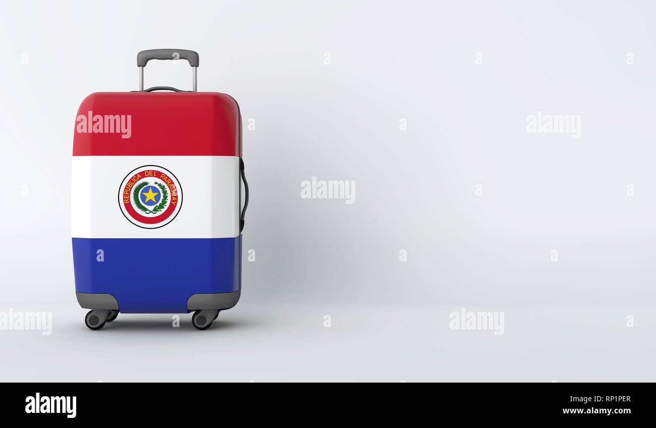 Travel suitcase with the flag of Paraguay. Holiday destination. 3D Render Stock Photo