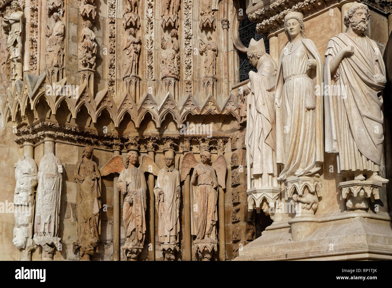 REIMS, FRance, February 1, 2019 : Roman Catholic cathedral of Reims was built on the site of the basilica where Clovis was baptized. This major touris Stock Photo