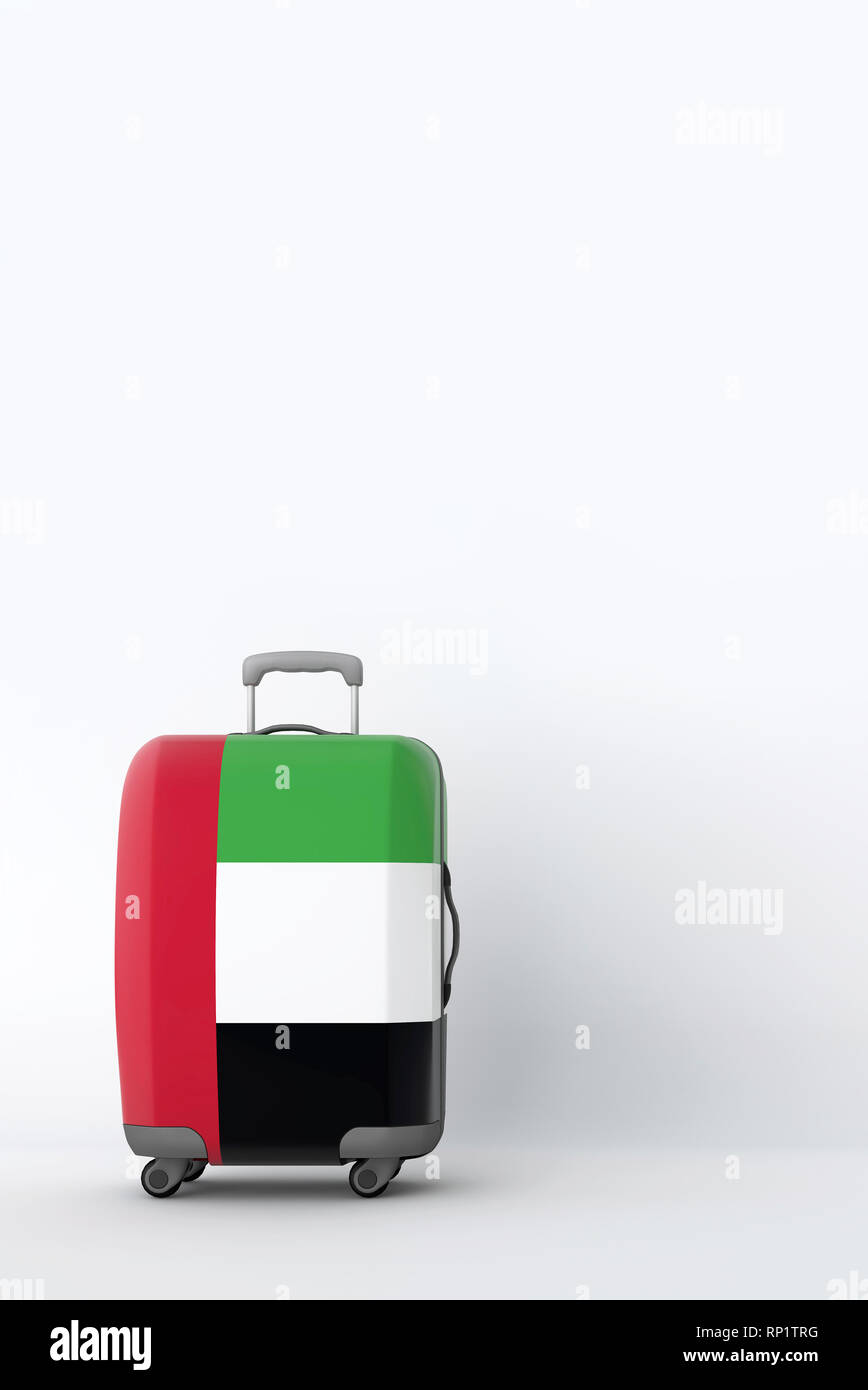 Travel suitcase with the flag of UAE. Holiday destination. 3D Render