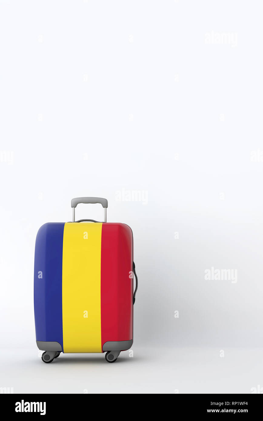 Travel suitcase with the flag of Romania. Holiday destination. 3D ...