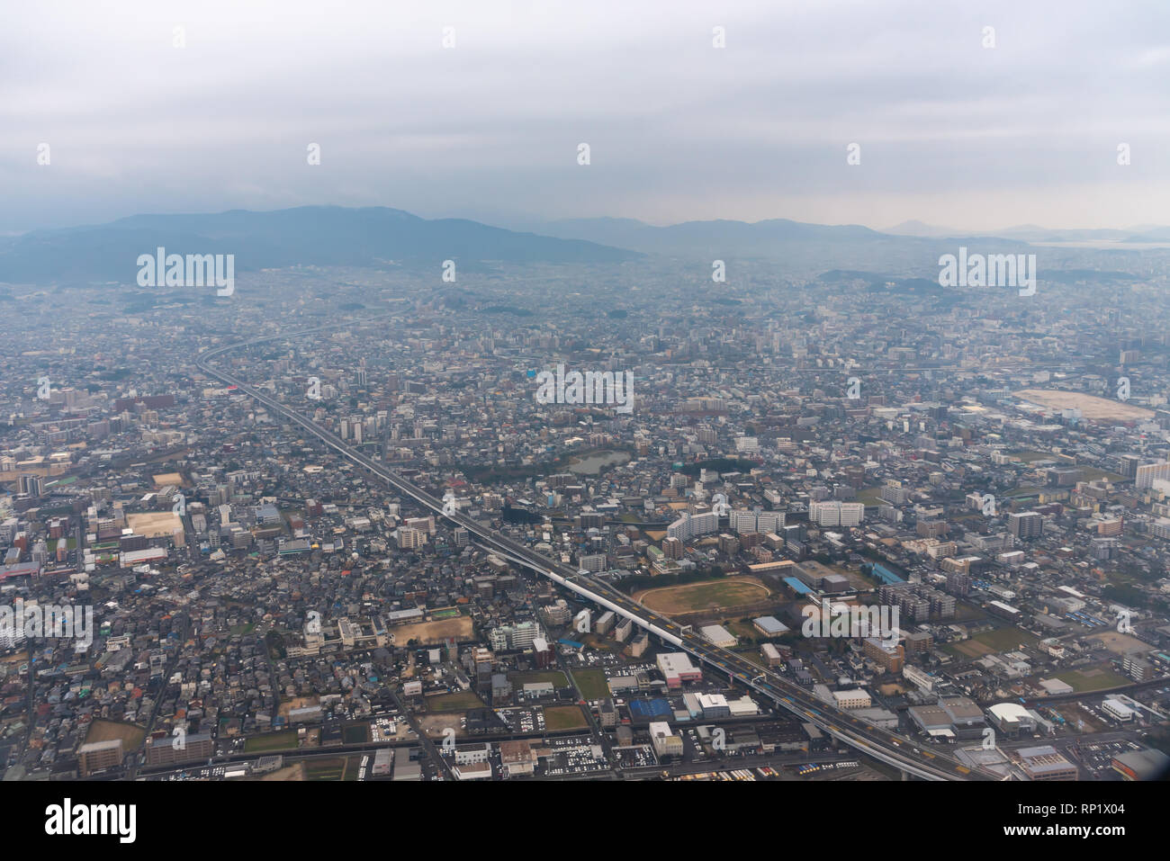 a bird's eye view of Fukuoka City, Japan Stock Photo