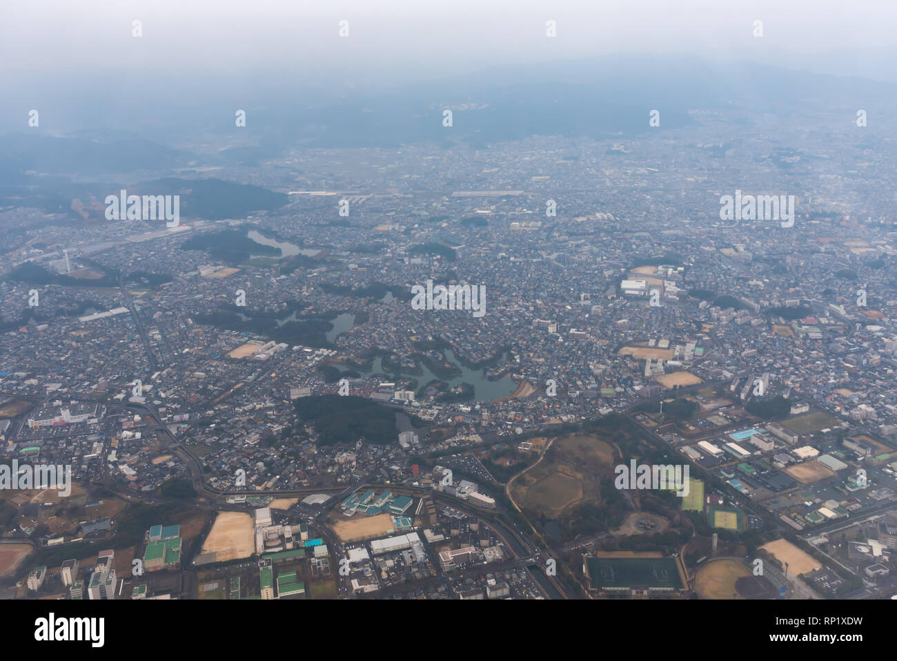 a bird's eye view of Fukuoka City, Japan Stock Photo