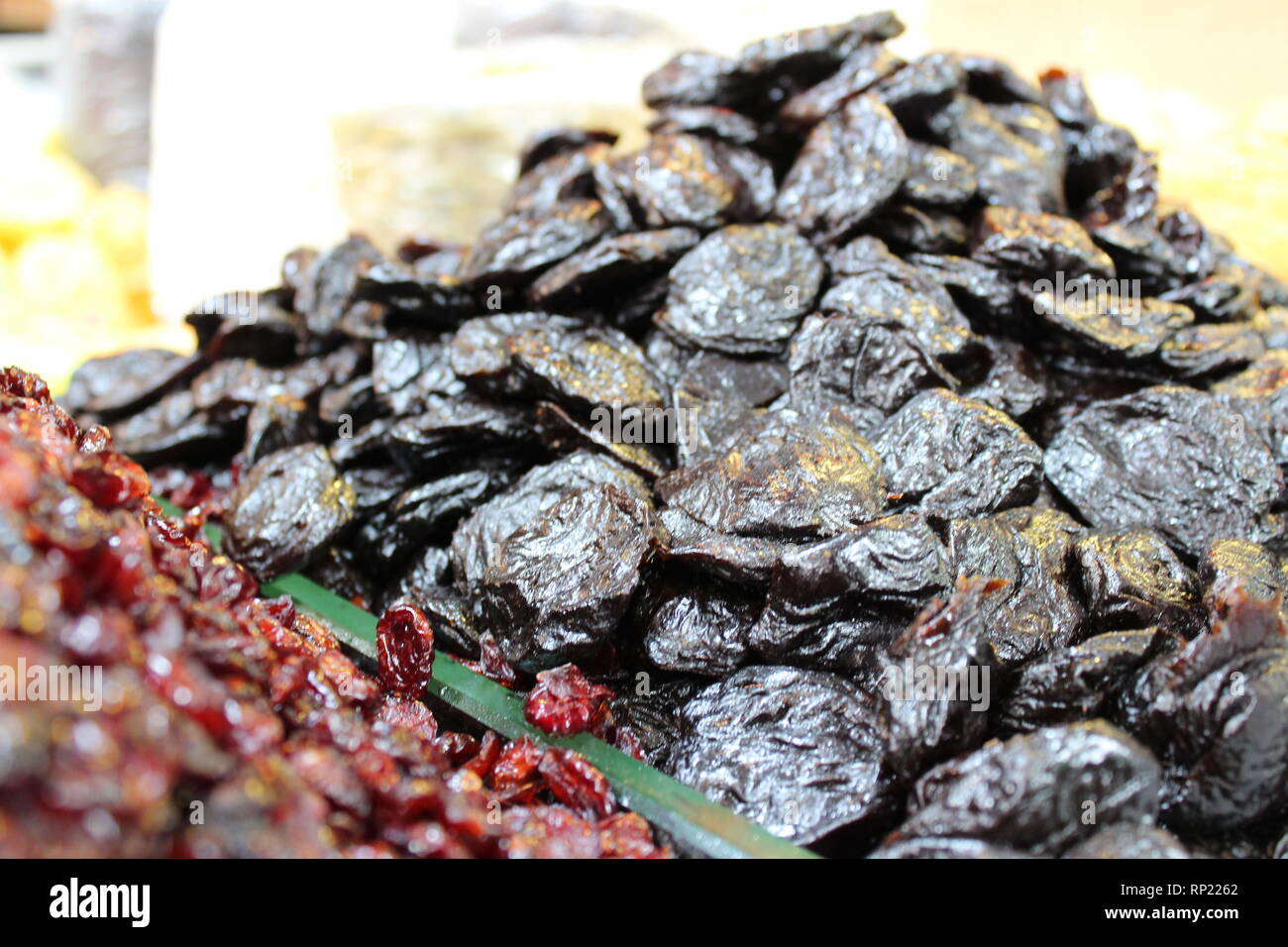 Organic produce tropical fruits, dried fruits, olives, kanafer Stock