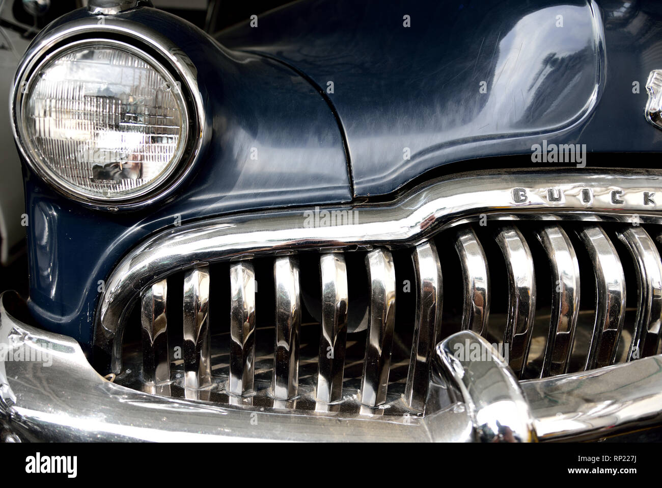 1949 Buick Roadmaster, front end grill, bumper, grill and headlight. Stock Photo
