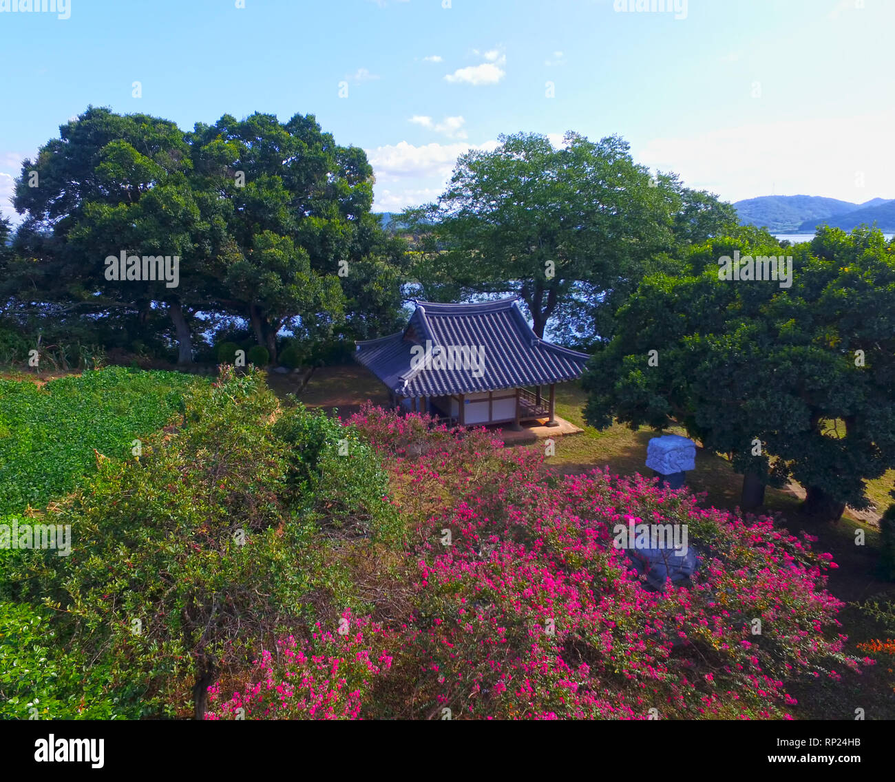 Aerial View of Korean Traditional House Sigyeongjeong Pavillion, Muan, Jeollanamdo, South Korea, Asia Stock Photo