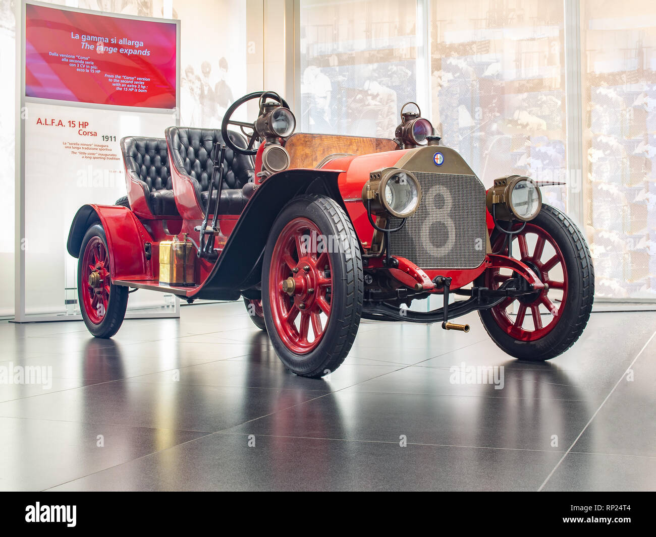 ARESE, ITALY-FEBRUARY 13, 2019: 1911 A.L.F.A. 15 HP Corsa in the Alfa Romeo Museum (Museo Storico Alfa Romeo) Stock Photo