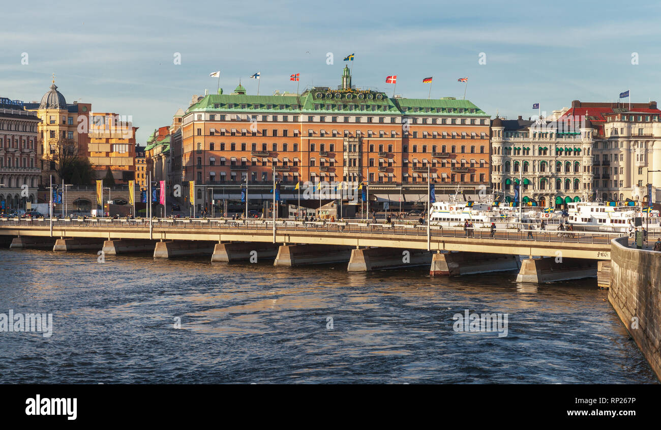 Stockholm, Sweden - May 3, 2016: Grand Hotel exterior, cityscape of Stockholm town, photo taken from Gamla Stan island Stock Photo