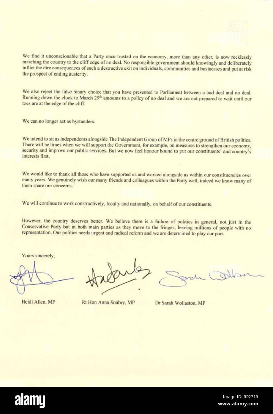 Page 1/2. The letter to the Prime Minister, written and signed by MPs Heidi Allen, Anna Soubry and Sarah Wollaston, who have resigned from the Conservative Party and joined the Independent Group. Stock Photo