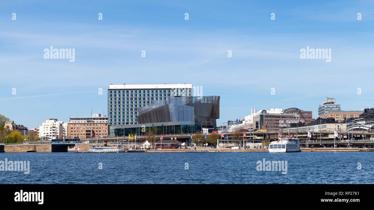 Stockholm, Sweden - May 6, 2016: Panoramic cityscape of Stockholm with Radisson Blu Waterfront Hotel facade Stock Photo