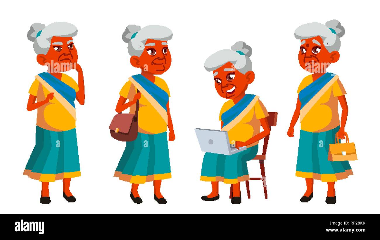 Indian Old Woman Poses Set Vector. Elderly People. Senior Person. Aged.  Friendly Grandparent. Banner, Flyer, Brochure Design. Isolated Cartoon  Stock Vector Image & Art - Alamy