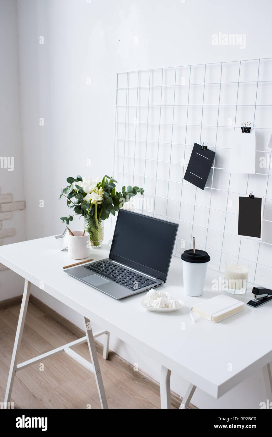 Stylish white professional office interior, minimalist loft workspace