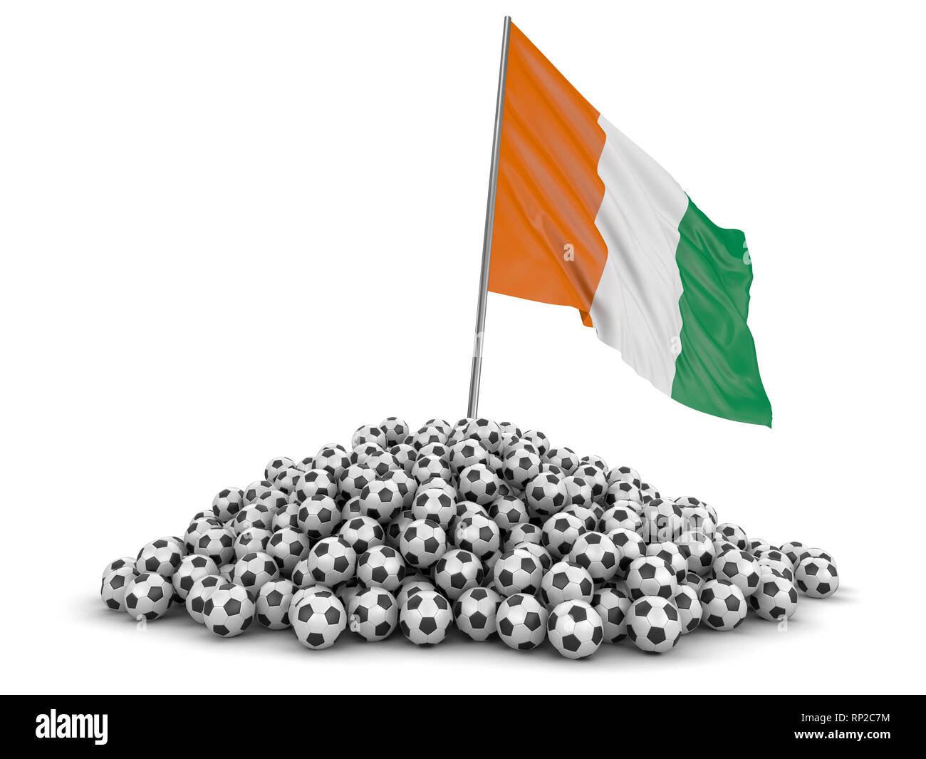Pile of Soccer footballs and flag. Image with clipping path Stock Photo
