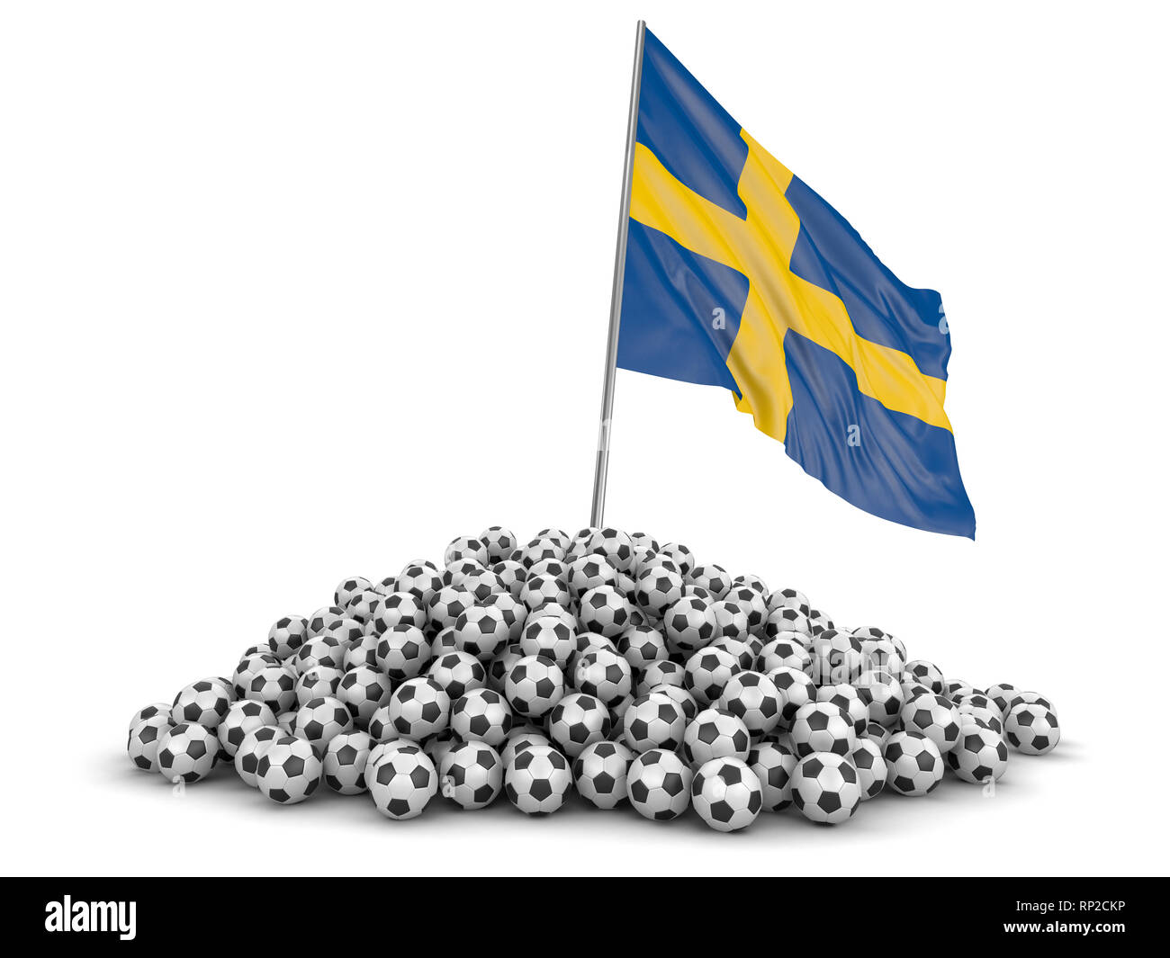 Pile of Soccer footballs and flag. Image with clipping path Stock Photo