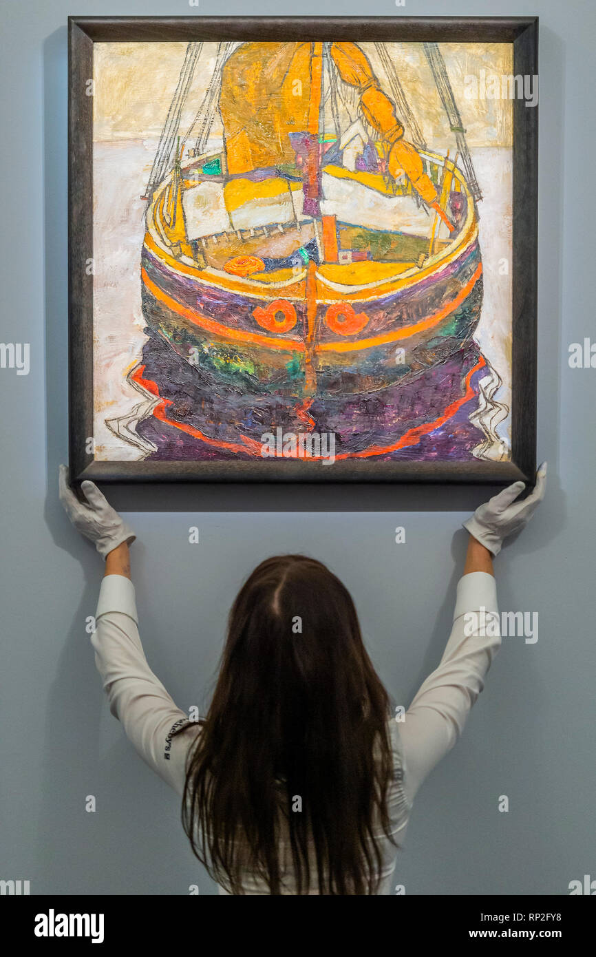 London, UK. 20th Feb, 2019. Triestiner Fischerboot, 1912, by Egon Schiele, est £6-8m - A preview aahead of the Impressionist, Modern & Surrealist Art sales at Sotheby's New Bond Street, London. Credit: Guy Bell/Alamy Live News Stock Photo