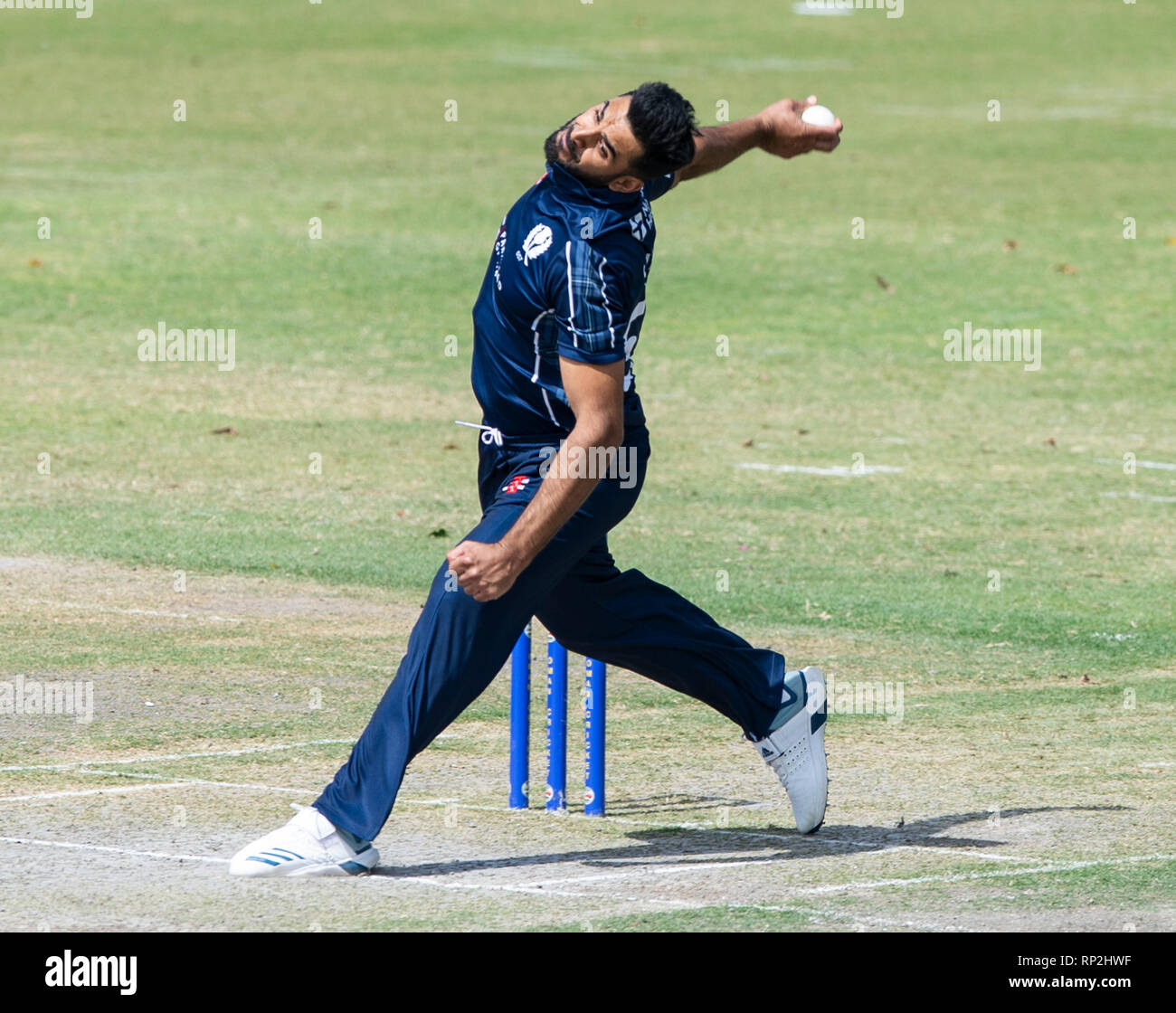 Muscat, Oman. 20th Feb, 2019. Pic shows: Scotland's Safyaan Sharif, bowls as Oman comprehensively beat Scotland by 93 runs to tie the 3 match 50 over series. Credit: Ian Jacobs/Alamy Live News Stock Photo